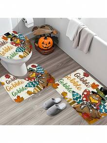 1 Set/4 Sets Thanksgiving Turkey Themed Waterproof Polyester Fabric Apartment Bathroom Shower Curtain Set, With Stall Shower Curtain, 12 Hooks, Bathroom Non-Slip Mat, Toilet Seat Cover & U-Shaped Mat, 4-Piece Bathroom Set, Suitable For Thanksgiving