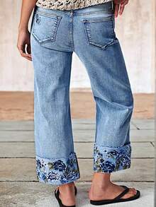 Women's Mid Rise Straight Leg Roll Hem Floral Embroidery Bohemian Denim Crop Jeans