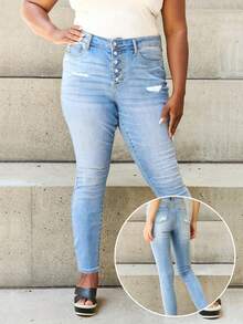 Plus Size  Jeans, Women's Plus Ripped Button Fly High Stretch Skinny Denim Pants - Light Blue - 查看 6
