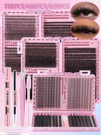 160/648/680/720pcs D-Curl DIY Individual False Eyelashes Set, Includes Adhesive, Sealer, Tweezers, Brush, Beginner-Friendly, Large Capacity Lash Book, Suitable For Various Makeup Looks, Fluffy & Voluminous Lashes To Enhance Eyes, Long-Lasting, Segmented Design For Easy Application, Suitable For Daily, Wedding, Outdoor, Travel, Nightclub Party, Music Festival And Other Occasions, Great Gift For Women