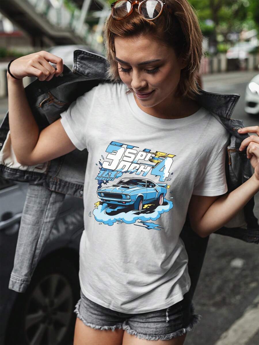 女士欧码纯棉T恤，汽车图案设计，休闲风格，日常穿着，修身剪裁，柔软舒适，春夏季，街头时尚，独特的礼物之选