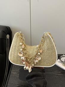 时尚金属链条手柄花卉面料包，休闲新月形草编贝壳链条单肩包，女士手提包