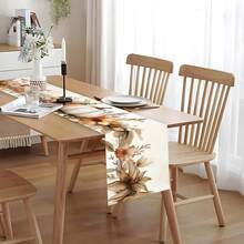 秋季花卉桌旗，奶油色背景上优雅的橙色花朵和叶子印花，秋季餐桌装饰，适合餐厅、秋季聚会和农舍家居装饰