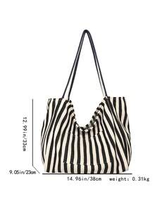 Túi Tote Canvas Sọc Retro Sang Trọng, Túi Đeo Vai Dung Tích Lớn Phong Cách Hàn Quốc Dành Cho Nữ, Thích Hợp Cho Du Lịch Và Nghỉ Dưỡng - màu đen - Xem 4