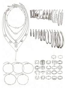 76-37 件波西米亚复古风格女士首饰套装，包括带蝴蝶和心形吊坠的项链、人造珍珠耳钉、手链、可调节戒指，优雅的日常、通勤、约会、度假配饰，精致的节日礼物 - 銀色 - 查看 4
