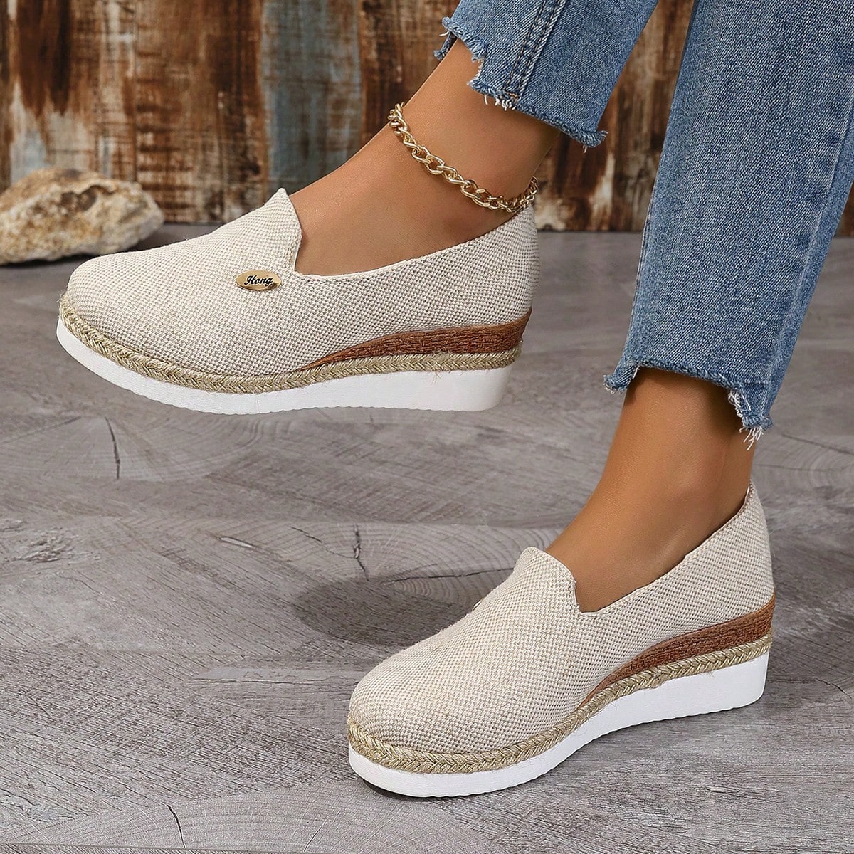 Mocasines de lino con suela gruesa y casual para mujer de talla grande