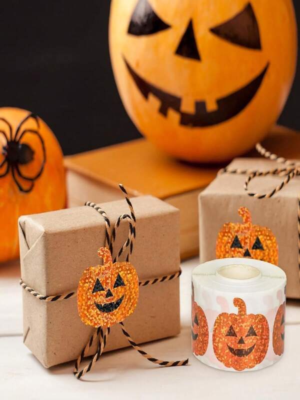 1 Rollo de 500 etiquetas adhesivas redondas holográficas - Etiquetas de regalo de Halloween con diseños de calabaza y murciélago espeluznantes, material de PP para bolsas de dulces, manualidades, embalaje y decoración de fiestas, etiquetas de golosinas festivas, accesorio de manualidades divertido, diseño festivo, impresión de alta calidad para decoración de otoño