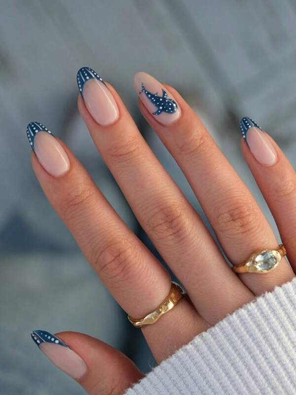 24pcs Almond-Shaped French Blue Polka Dot Dolphin Full Cover Press-On Nails, Nail Art Kit Includes 1pc Jelly Gel And 1pc Nail File, Suitable For All Women And Girls For Daily Wear, Festivals, Parties, Summer Beach
