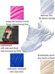 女士时尚休闲运动鞋户外纯白色厚底高跟轻便减震跑步鞋夏季透气速干网眼圆头易系带适合学生青少年日常生活约会健身办公防滑耐磨增高7CM百搭坡跟运动鞋