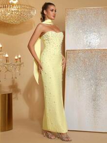 Đầm phù dâu cúp ngực, xẻ cao đến đùi, đính ngọc trai giả, thích hợp cho các dịp tiệc tùng. - Màu Mù tạt vàng - Xem 4