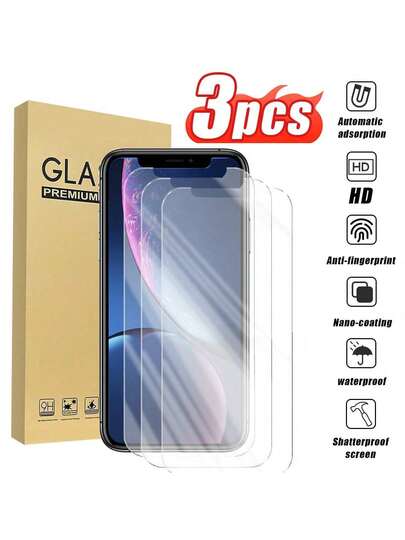 3pcs Compatible With Apple Screen Protector, Auto-Adsorption, HD Bubble-Free, Waterproof, Anti-Fingerprint, Anti-Scratch, 9H Hardness, 2.5D Curved Edge, Compatible With IPhone 7/8/X/XR/11/12/13/14/15/16/16e/17/17 Pro/17 Pro Max Series