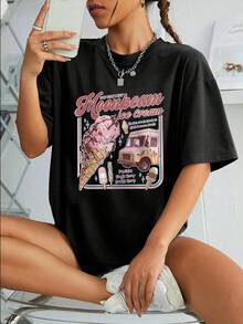 Moonbeam Ice Cream  Print Casual Round Neck Short Sleeve T-Shirt Tops Women's Summer Tops - Black - View 1