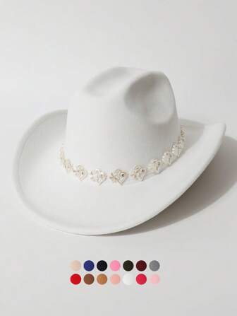 1pc Casual Bohemian Vintage Palace Style Party Cute Street Elegant Polyester Solid Faux Ivory Color Rhinestone Heart Western Cowboy Hat, Unisex Casual Small Cap, Stage Performance Felt Hat, Outdoor Riding Hat, Ivory Rhinestone Heart Wedding Bride Hat, Lady Hat