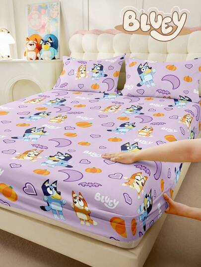 Bluey 1 件  床笠、床上用品、床垫保护套、床罩、舒适家纺、亲肤、床单套装、可爱、紫色、透气、抗起球床垫保护套、柔软舒适、适用于单人床、双人床、全尺寸、大号床和特大号床、适合所有季节、可机洗、防尘床罩、不含枕头和枕套（仅 1 件床笠）、万圣节、返校、秋季装饰、秋季装饰、房间装饰