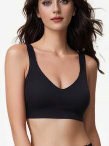 Sujetador sin costuras y sin alambres para talla grande, con espalda de estilo racer, ajustable, ligero, apto para uso diario y deportes - Negro - Ver 4