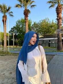 1 Khăn trùm đầu bằng vải voan giả ngọc trai màu trơn cho nữ, khăn trùm đầu trơn kiểu Ả Rập giản dị, thích hợp mặc hàng ngày ở Trung Đông để mặc trong trang phục - Màu xanh lam - Xem 5