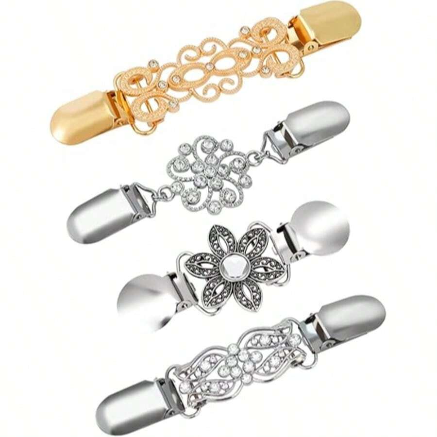 4 piezas Broches de clips para chales de suéter de moda, clips vintage para cuello de cárdigan, broches para capa de camisa, alfileres de broche para ropa de mujer, de zinc y piedra brasileña