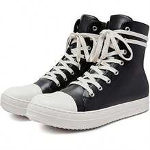 Woman's Thin Shoelaces, Round Toe Shoes, High-Top Casual Shoes, Minority Retro Thick-Soled Skateboard Shoes. - 黑色 - 查看 1