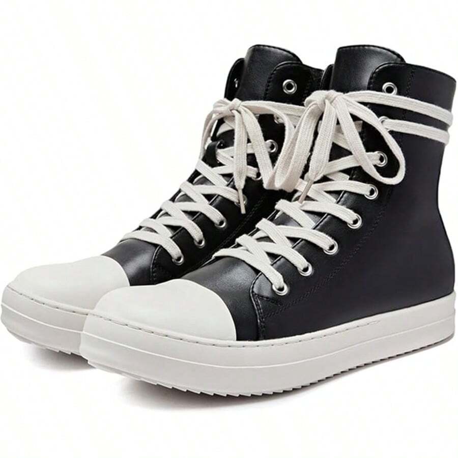 Woman's Thin Shoelaces, Round Toe Shoes, High-Top Casual Shoes, Minority Retro Thick-Soled Skateboard Shoes. - 黑色 - 查看 1