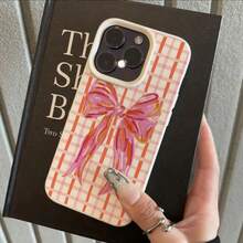 1个TPU材质可爱蝴蝶结格子图案手机壳，兼容苹果/，粉色