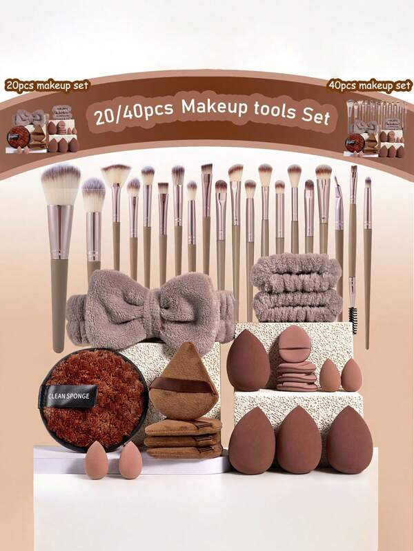 20/40pcs Makeup Brush Set, Multiple Sizes Available, Large Set Includes (20pcs High-Quality Makeup Brushes + 1pc Headband + 2pcs Wristbands + 1pc Makeup Remover Puff + 4pcs Triangle Flocked Puffs + 4pcs Finger Puffs + 4pcs Large Makeup Sponges + 4pcs Small Makeup Sponges), Professional Beauty Tools