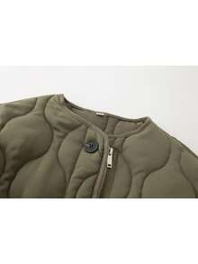 Jaqueta Acolchoada Acolchoada Feminina, Ajuste Folgado, Casual, Zíper na Frente, Gola Redonda com Bolsos, Casaco de Outono e Inverno