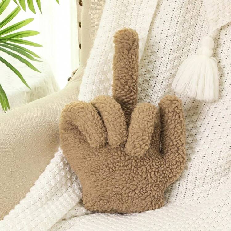 Small Middle Finger Decorative Pillow 13.78 X 9.84 In Funny Shaped Sherpa Fleece Throw Pillow Warm Soft Plush Emoticon Cushion Middle Finger Decor For Couch Gag Gift(Navy Blue) - Light Brown - 查看 1