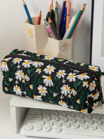 Daisy Embroidery Canvas Pencil Case Large Capacity Ins Style Makeup Bag Toiletry Organizer Hand Carry Pouch,For School Supplies,Back To School