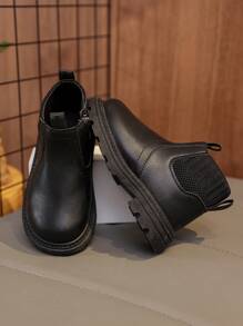 1 Pair Black Soft & Comfortable Elastic Fabric + PU Toddler/Kids Boots, Warm Lining, Round Toe, Soft Sole, Simple British Style, Suitable For Boys & Girls, Indoor/Outdoor, School, Autumn/Winter