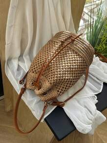 Women's Vacation Bohemian Style Drawstring Straw Bucket Tote Shoulder Bag