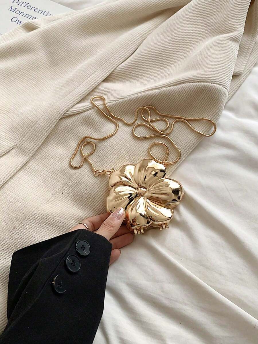 1 Peça Nova Bolsa de Mão Pequena para a Noite com Flor em Formato Metalizado Eletrodepositado Brilhante, Acessório de Moda com Corrente, Porta-Moedas Elegante, Estojo para Batom, Bolsa para Fone de Ouvido, Presente para Mulheres, Adequado para Dia dos Namorados, Festa, Vestido de Casamento, Uso como Bolsa de Ombro/Transversal