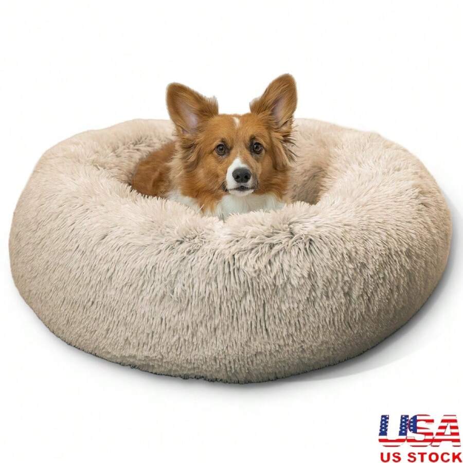 Calming Donut Dog Cat Bed Cozy Shag Faux Fur 30 Inch Orthopedic Support Water Resistant Easy Care Stress Relief