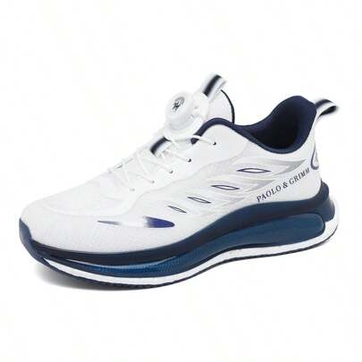 Men's Lightweight Sports Running Shoes, Outdoor Casual Shoes, Fashion & Comfortable Breathable, Suitable For All Seasons: White & Navy Blue, Black Teenagers' Rotary Button Thick Sole Shock-Absorbing Comfortable Outdoor Sports Shoes