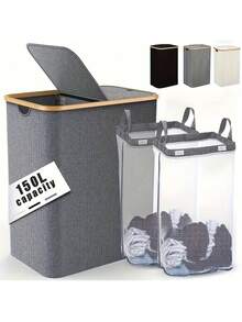 Large Capacity Laundry Basket With Lid And Handles, Portable, Removable Inner Bag, Bamboo Handle Clothing Basket, Suitable For Dorm, Bedroom, Bathroom Storage & Organization, Foldable Laundry Hamper, Recycling Bin, Classic Style, Multiple Components, Rectangular Shape, Fits Various Room Types, Laundry Basket - 1 - View 19