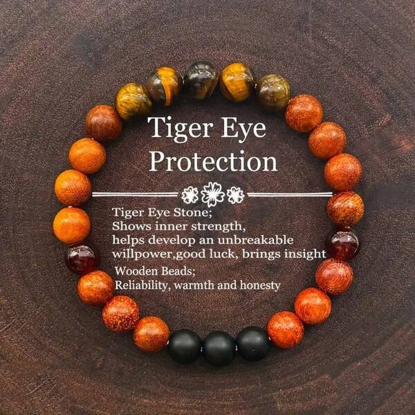 Handmade Tiger Eye Stone Protection Bracelet, Decorated With Natural Agate & Wooden Beads - Jewelry Gift Symbolizing Wealth And Prosperity, Vintage Boho Style Jewelry Accessory, Suitable For Daily Wear And Christmas Gift, Amulet Jewelry | Bracelet | Tiger Eye Stone
