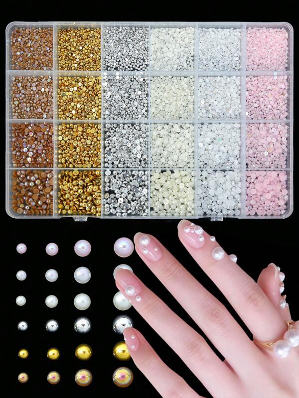 1 boîte de 24 grilles de perles de résine semi-rondes plates mixtes de 6 couleurs, de 2/2,5/3/4 mm (avec pinces et outil de ramassage de strass pour nail art) pour le DIY à la maison et la manucure professionnelle, le maquillage du visage et les fournitures de nail art en cristal pour les ongles