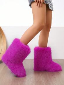 Women's Furry Faux Fur Boots Fuzzy Fluffy Mid Calf Snow Boots Suede Warm Fur Lined Booties Flat Fashion Boots - Màu Hồng Tươi - Xem 6