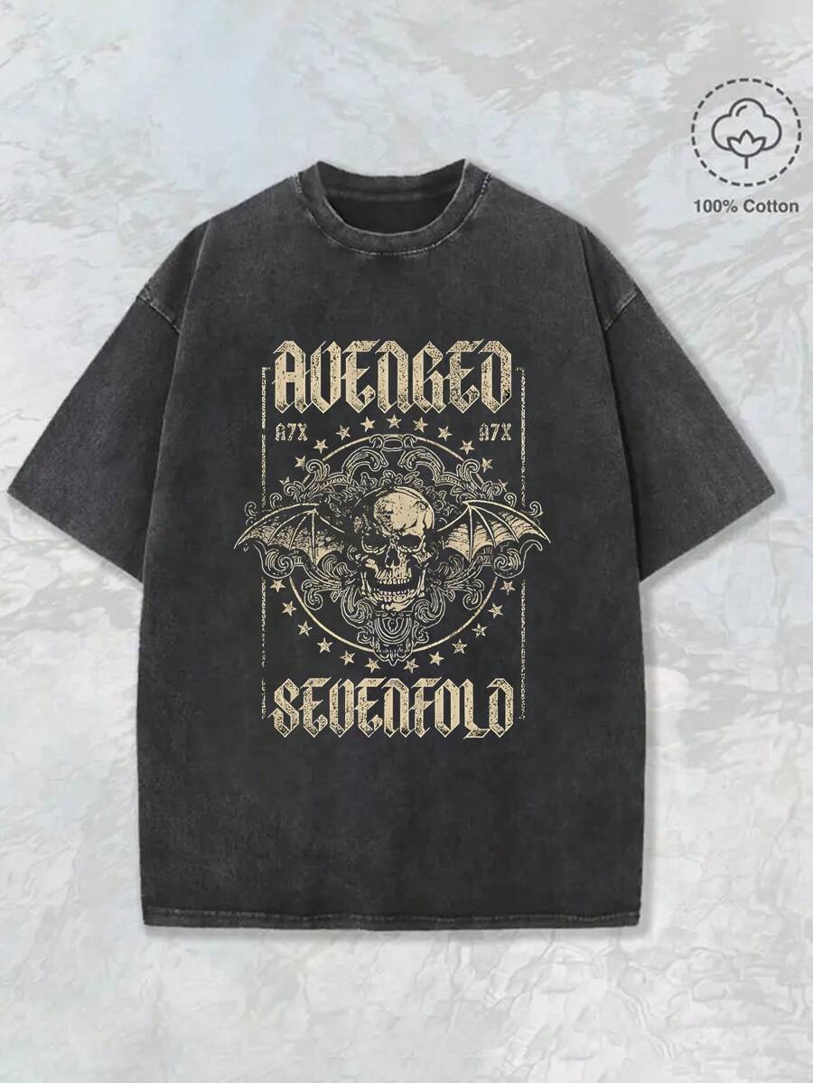 Camiseta de manga corta de metal pesado americano para hombres, camisetas de cuello redondo transpirables de algodón con gráficos para hombres y adolescentes, talla grande, color negro, 230g, cuello redondo, de alta calidad y con un grosor adecuado para todas las estaciones