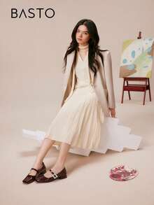 BASTO Red Mary Jane Shoes, Minimalist French Square Toe, Rhinestone Square Buckle, Chunky Heel, Low Vamp Flats For Women, Suitable For Daily, Commute, Office, Party, Date, Valentine's Day - Burgundy - View 3