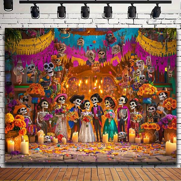 1PC 2D Flat Death God Wedding Background, Polyester Skeleton Couple Design, Equipped With Colorful Sunflowers, Halloween Theme Party Decoration, Suitable For Various Occasions, Mexican Wedding Decoration