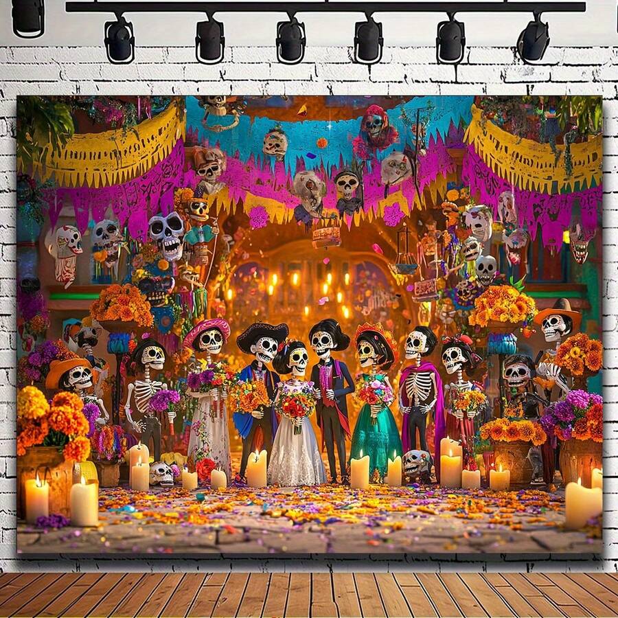 1PC 2D Flat Death God Wedding Background, Polyester Skeleton Couple Design, Equipped With Colorful Sunflowers, Halloween Theme Party Decoration, Suitable For Various Occasions, Mexican Wedding Decoration