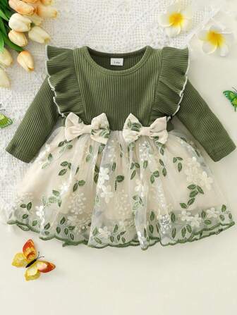 Vestido de Primavera y Otoño para Recién Nacida, con Tul y Bordado de Plantas y Flores