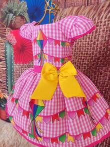 Children's Dress June Party Caipira Saint John Plaid Bow Square Dance School Fair Arraiá Northeast Costume Popcorn Queen Little Girl Girl Festivity Ruffle Youth Typical June Party - 淺粉色 - 查看 3