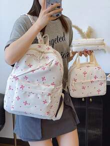 3 Pcs Back To School Backpack Set - Stylish Large Capacity Backpack&Lunch Bag& Pencil Case Multi-Pack,With Laptop Compartment Bow Pattern Nylon Backpack Featuring Adjustable Straps Spacious Multi-Pockets - Lightweight Portable Zipper Bags For Students/Teens/Graduates Perfect For Outdoor/Travel/Middle School/High School /College, Cute Bow Backpack, Bags For University, University Essentials