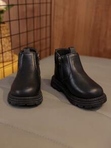 1 Pair Black Soft & Comfortable Elastic Fabric + PU Toddler/Kids Boots, Warm Lining, Round Toe, Soft Sole, Simple British Style, Suitable For Boys & Girls, Indoor/Outdoor, School, Autumn/Winter