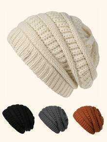 1 Stück gestrickte Beanie Mütze, warm gefüttert, vielseitig, lässig, Polyester, einfarbig, geeignet für Herbst/Winter