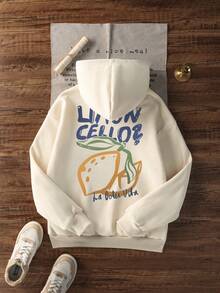 女式新款卡通图案印花休闲宽松套头长袖羊毛连帽运动衫，冬季 - 杏色 - 查看 4