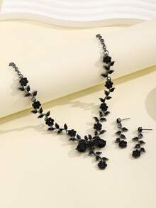 Bộ 3 bông tai cộng với dây chuyền trang sức tinh xảo Thiết kế hoa khảm đá Rhinestone màu đen Biểu tượng của tình yêu bí ẩn Phù hợp với trang phục hàng ngày Ngày lễ tình nhân - màu đen - Xem 3