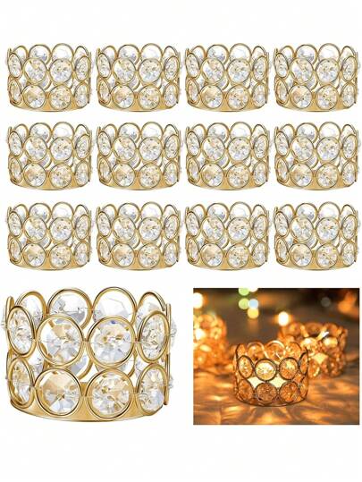 12 件水晶表达烛台，金色装饰的优雅蜡烛盒，婚礼、家庭聚会的中心装饰盒（不含蜡烛）