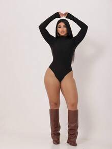 BODY FEMININO GOLA ALTA MANGA LONGA  Simples    Casual    Algodão    Nenhum    Diário    Inverno - Preto - Visão 3